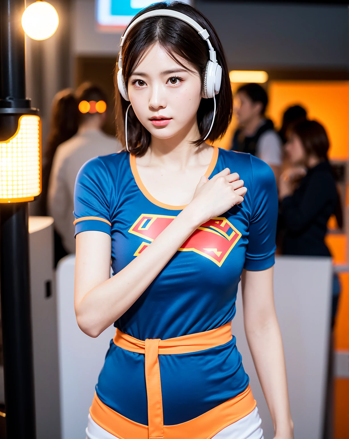 Realistic, 8K, masterpiece, RAW Photos, Highest quality, Realistic, 非常に詳細な CG ユニティ 8K 壁紙, Depth of written boundary, Cinematic Light, Lens flare, Ray Tracing, Perfect lighting,short-hair, (Delicate skin), (Delicate face), (Simple Background :1.1), Standing and watching the viewer、Comical movement,((1 female)),Supergirl Costume、Headphones,(Orange background padding:DV_Manuela_Atrocious),Modern Style,artistic,Dynamic configuration,Unique Pattern,Bold Texture,colorful,Imaginative,Whimsical,Vibrant,like々Shii,Playful,Energetic,creative,Expressive,stylish,trend,