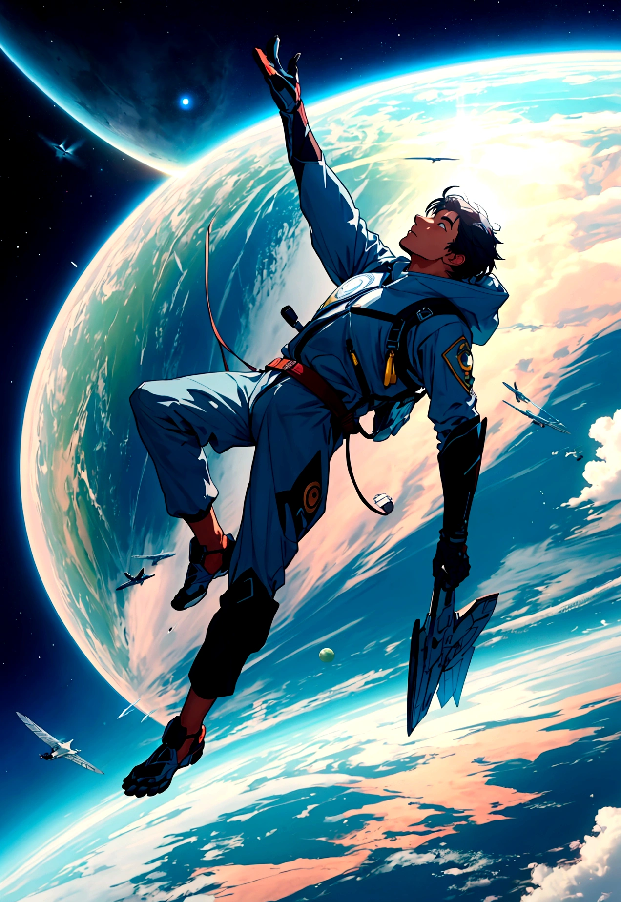 A man flies through the sky，Surrounded by a planet，A variety of goods surround it. illustration。