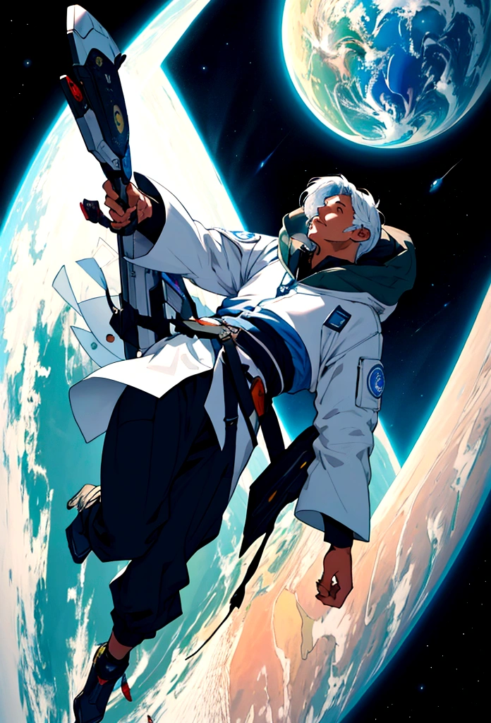 A man flies through the sky,Surrounded by a planet,A variety of goods surround it. illustration。