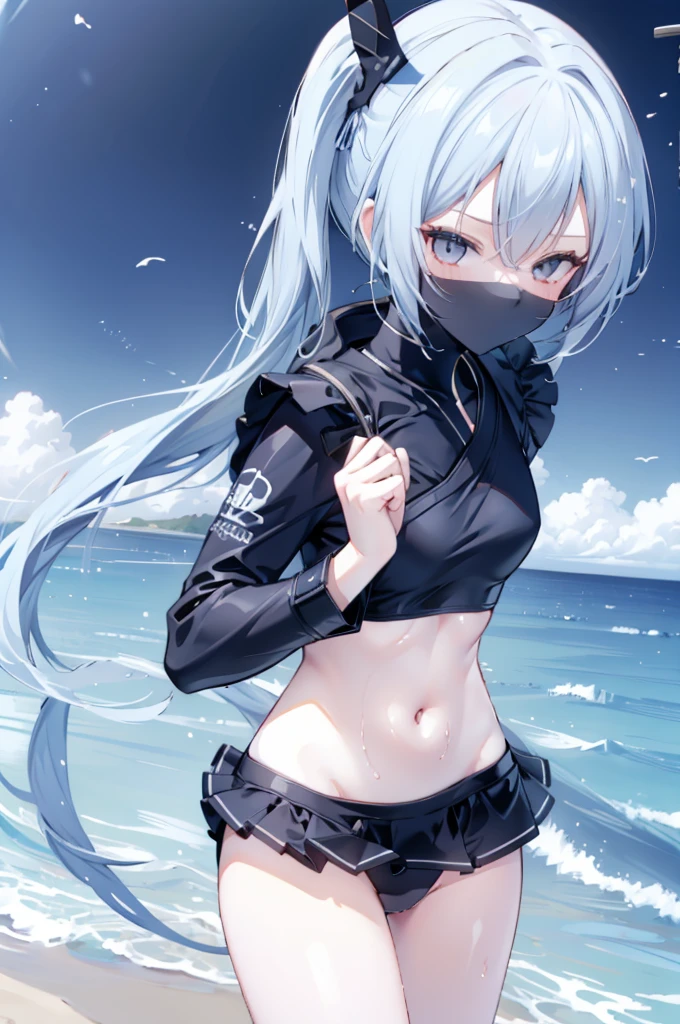 upper body, 1girl, wallpaper, light particles, beach, background, look at viewer, (ninja), light blue hair, long hair, ponytail, white eyes, serikaswim, ninja mask