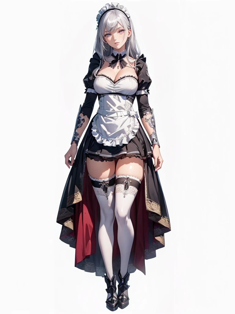 ((1girl, solo)), mature female, beautiful body, (perfect anatomy, perfect body, perfect hands, perfect legs), (five fingers:1.5), natural proportions, sexy body, large breasts, cowboy shot, (legs apart:1.3) ((full body, full body front)) BREAK
((extremely detailed face)), (beautiful detailed eyes:1.6), (realistic pupils, realistic iris:1), expressive eyes, looking at viewer, (clear eyes:1.3), (hyperrealistic:1.2), (detailed skin texture:1.2), smooth skin, golden eyes, (silver hair:1.5), long hair, (detailed lips:1.2), (attractive lips:1.1), (glossy lips:1.1), (smile), perfect face, perfect eyes BREAK
maid, ((maid outfit)), maid headdress, maid apron, frills, mini dress, cleavage, detached collar, bow, fantasy armor, black armor, (arm guard:1.3), armor gloves, juliet sleeves, zettai ryouiki, thighs, (black thighhighs:1.5), (greaves:1.5), black footwear, high heels BREAK
(masterpiece:1.5), anime-style, top quality, best quality, (beautiful and aesthetic:1.2), (ultra detail:1.5), Ultra-detailed depiction, Ultra-precise depiction, extremely detailed 8k illustration, high resolution, (highly detailed shading:1.2), (realistic lighting:1.4), perfect lighting, vibrant colors, dynamic tones, striking hues, 8k, absurd resolution, perfect shadows, hdr, UHD, ambient lighting, realistic, ultra-realistic, photo realistic, highly detailed, rich detail, luminous colors, fine texture, intricate design, professional illustration, (soft light:1.2), (illustration:0.7)