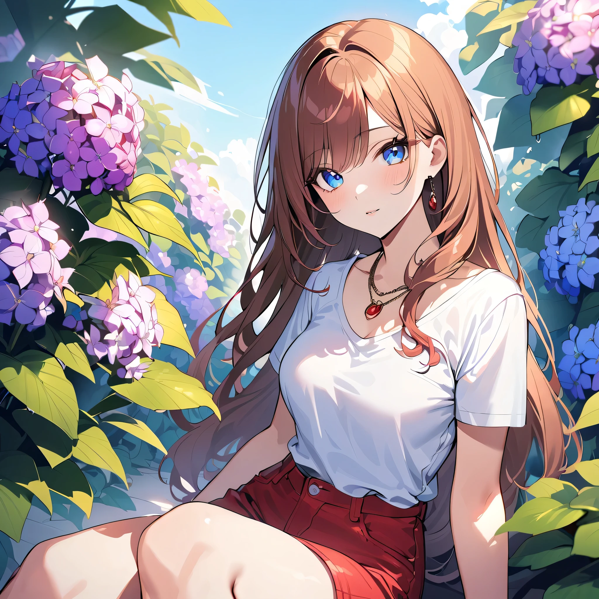 4K, June Scenario, Beautiful latina woman, long hair, chestnut hair, medium breasts, blue colored eyes, white  shirt, hot pants, red necklace, gazing at viewer, natta, colorful hydrangea