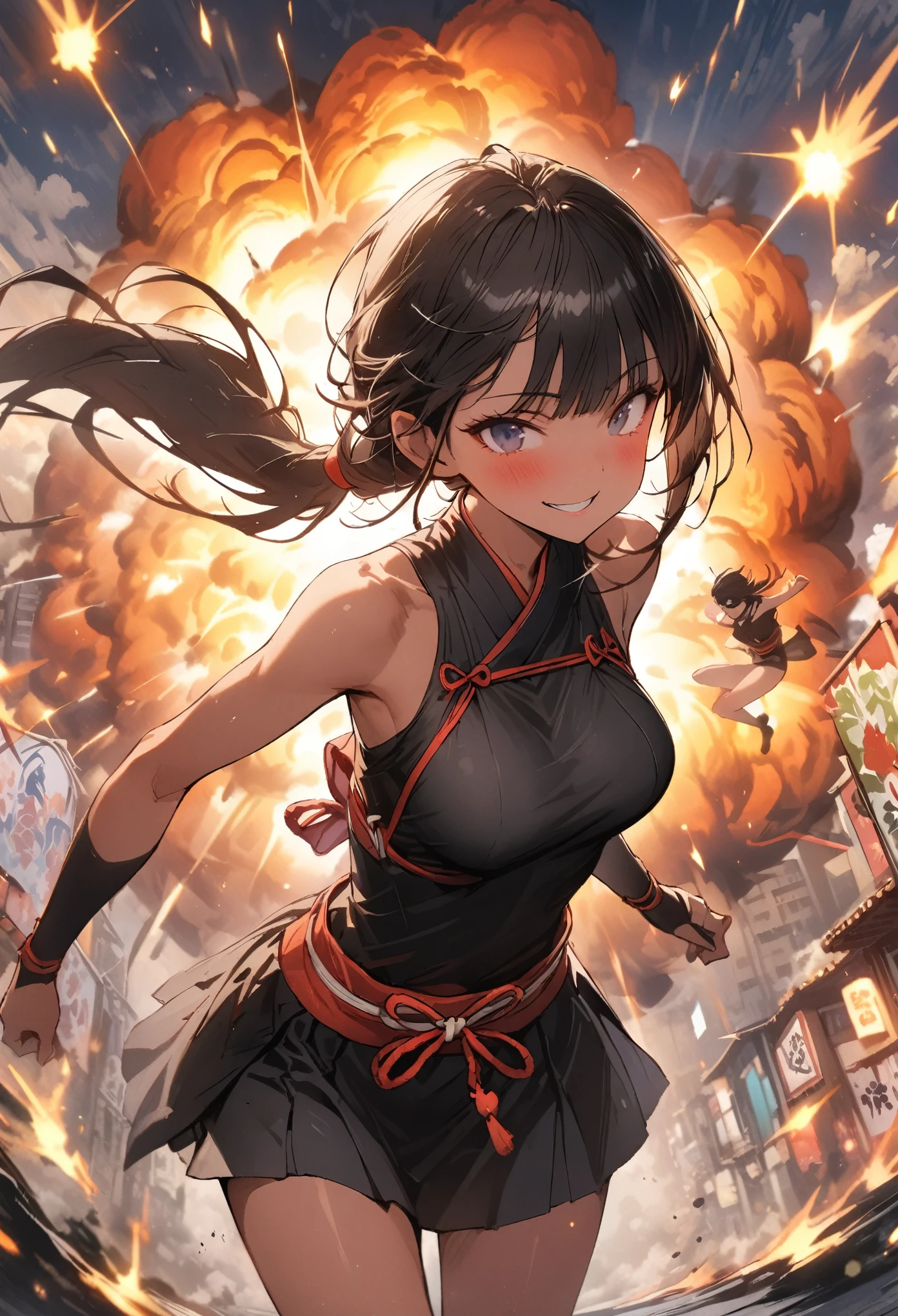 Action Scenes、(A female ninja who fights countless monsters),((masterpiece,Highest quality:1.3,best quality illustration)), solo,1woman,(Mature Japan beauties)、black hair,(low ponytail hair style),long hair,blunt bangs,black eyes,gorgeous eyes,((very small head:1.3)),blush,pain,((very long body:1.2)),medium breasts,(tan skin), (gleaming skin,toned body,slender body, skinny),(Torn black female ninja costume、Injury:1.5,No sleeve、Black mini skirt),Fighting spirit,Urban area,Collapsed Buildingoonlit Night、Modern Tokyo、