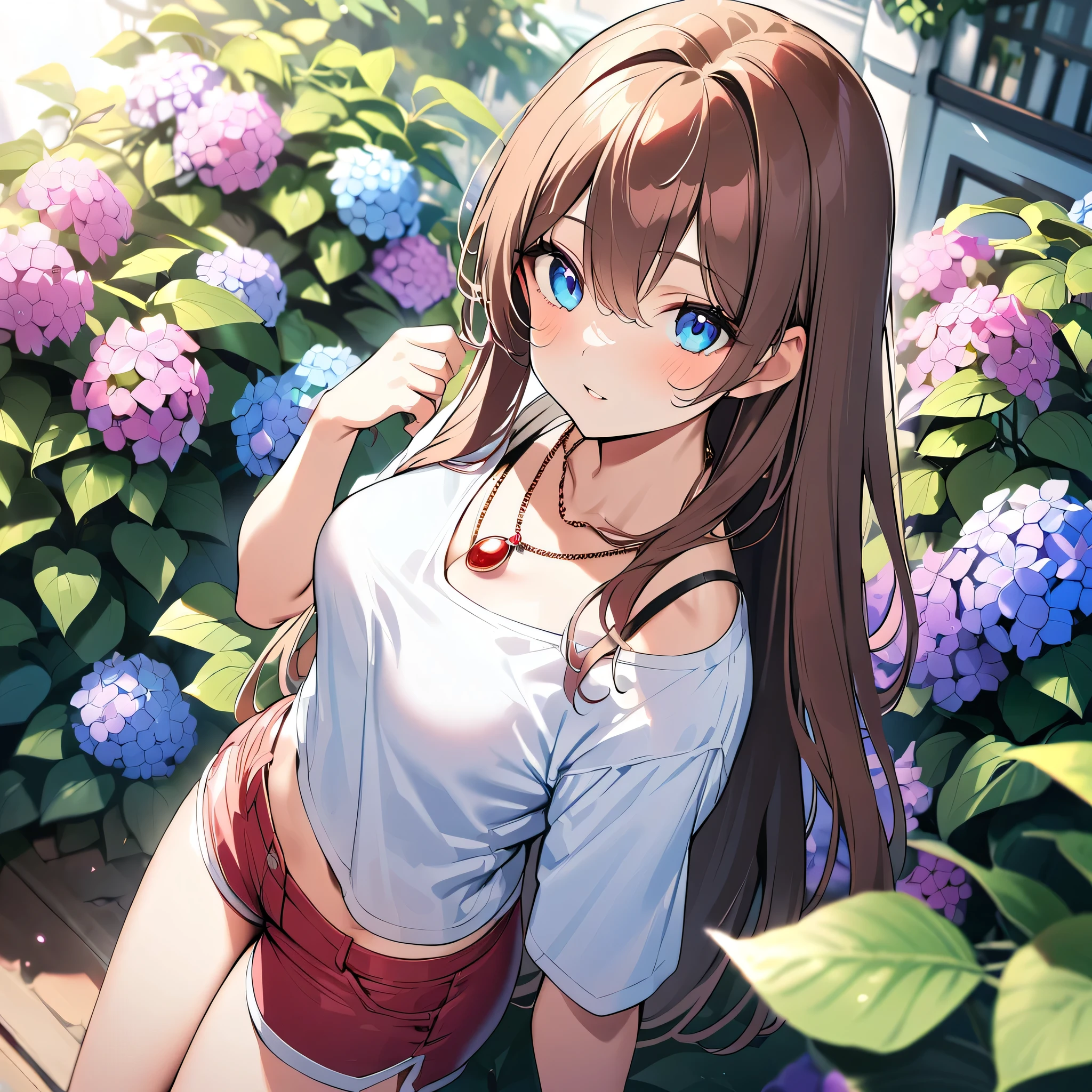 4K, June Scenario, Beautiful latina woman, long hair, chestnut hair, medium breasts, blue colored eyes, white shirt, hot pants, red necklace, gazing at viewer, natta, colorful hydrangea