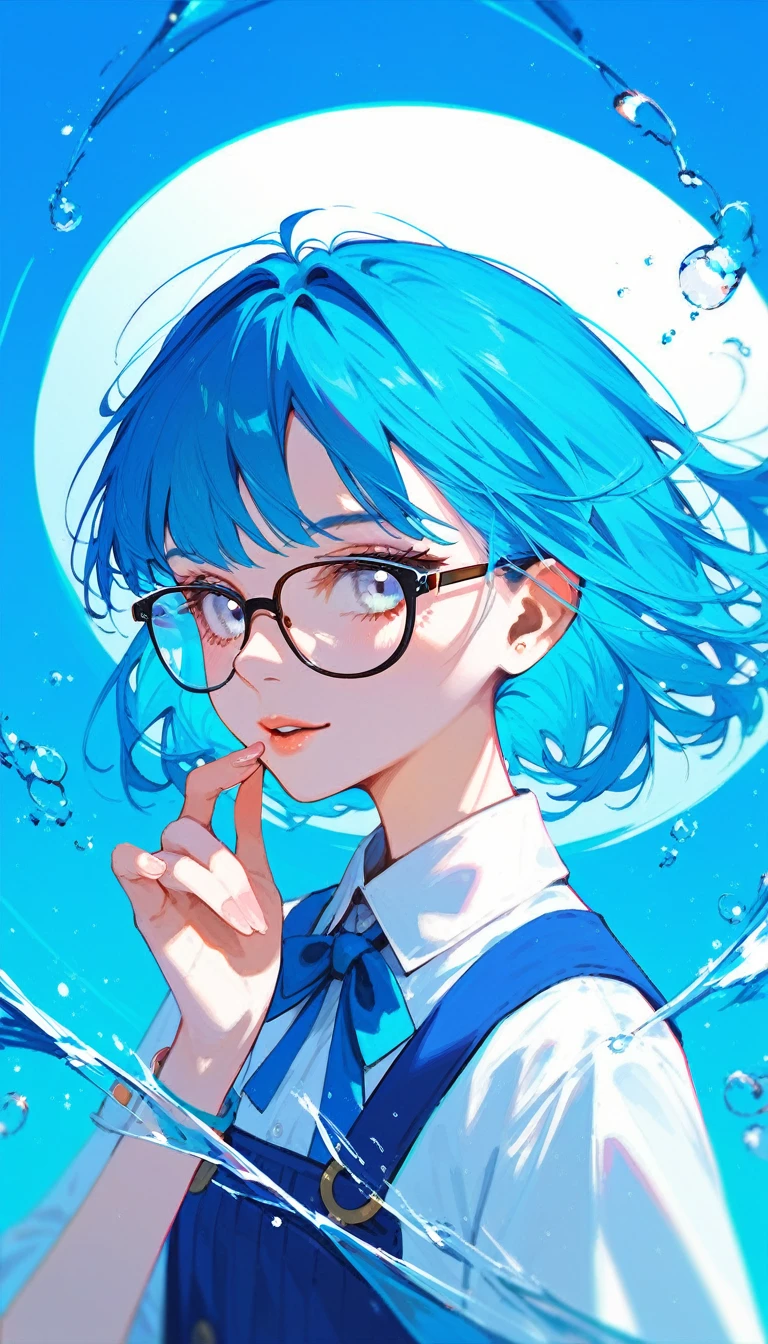 (Fraction_9,Fraction_8_Direction_7_up),A girl,bust,Blue Hair,White eyes,With big glasses,Water entwined around,White top,Blue Skirt,