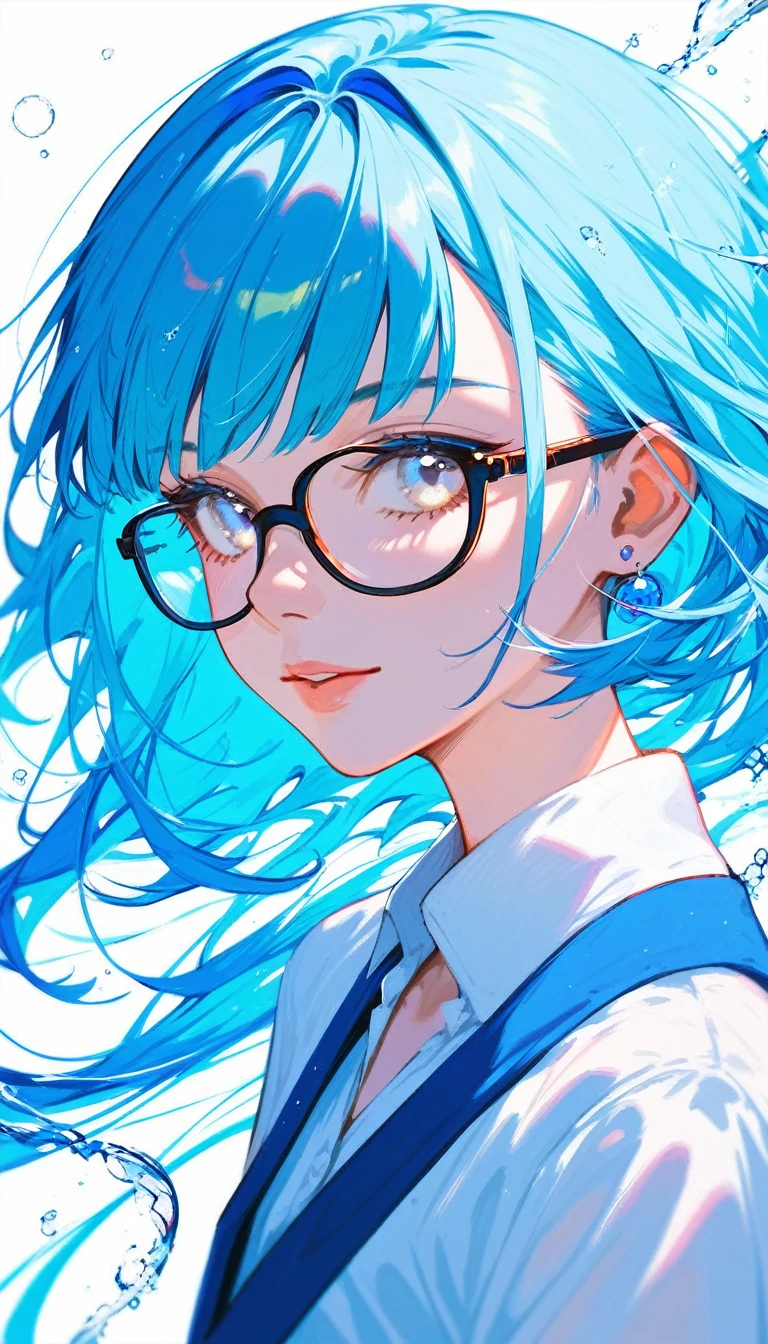 (Fraction_9,Fraction_8_Direction_7_up)，A girl，bust，Blue Hair，White eyes，With big glasses，Water entwined around，White top，Blue Skirt，
