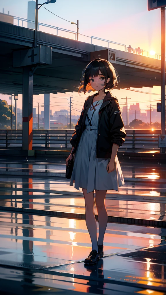 A girl on an overpass on the road,Looking at the sunrise at eight o'clock in the morning,It had just rained lightly,Clear air,Sunlight and rainwater above the road reflect on the building