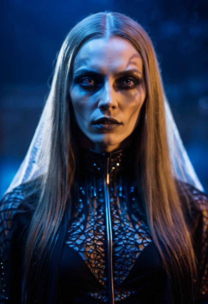 Fashionable of androgynous alien looking witch wearing veil, glowing eyes, beautiful evil slavic muscular woman, pale skin, long dark blond hair, futuristic design, minimal details, givenchy, photoreal, 200mm, hd, f/ 2.0, highly detailed, surreal , drop dead, in the style of red and blue, (intricate details, hyperdetailed:1.15) (skin texture:1.2), cinematic, professional, 4k, dynamic model pose, sitting, full body