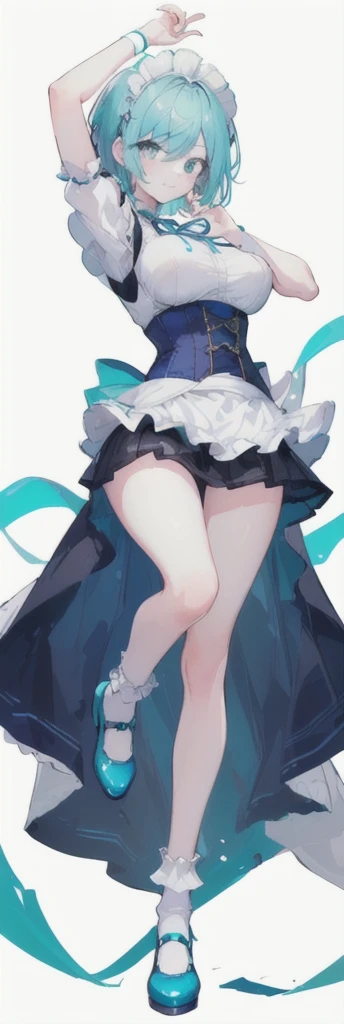 (short hair) cyan eyes, (Eyes behind long bangs) big breasts, using accessories (using socks) perfect shiny beautiful cyan shoes (Wearing luxurious palace maid clothes Perfect perfect noble) Pose facing sideways (Girl1, straight hair not too long, bangs covering one eye, soft face, gentle smile) ((Standing position with long legs, bare thighs, image position visible from bottom of feet to top of head) SHORT blue hair, beautiful cyan eyes (Free pose, right hand down, left hand down, ((Free pose))smile kawai, (blank white background) Wearing a blue corset, (Using a beautiful bright blue ribbon) Kawai shy cute eyes (cyan colored shoes must be shiny, Must wear short white socks) ((short skirt)) short sleeves (image according to tag)