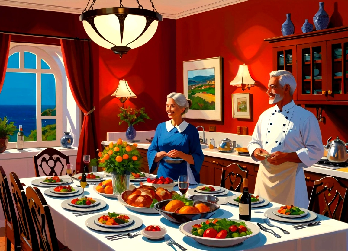 (cozy kitchen dinner),painting, reunion,Detailed desktop scenarios,Vibrant colors,Warm lighting,delicious food,Joyful atmosphere,Pleasant conversation,beautiful kitchenware,Well-decorated dining table,aromatic dishes,Tastefully decorated space,Mouth-watering desserts,The art of cooking,Perfectly cooked meals,Wine glasses collide,Laughter and smile,Cheerful atmosphere,An unforgettable evening,precious