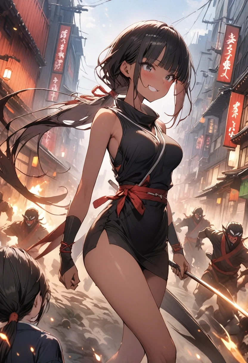 Action Scenes、(A female ninja fighting countless monsters),((masterpiece,Highest quality:1.3,best quality illustration)), 独奏,1woman,(Mature Japan beauties)、black hair,(low ponytail hair style),long hair,blunt bangs,black eyes,gorgeous eyes,((very small head:1.3)),blush,A strong smile,((very long body:1.2)),medium breasts,(tan skin), (gleaming skin,toned body,slender body, skinny),(Black female ninja costume、No sleeve、Black mini skirt),standing、Urban area,Collapsed Buildingoonlit Night、Modern Tokyo、