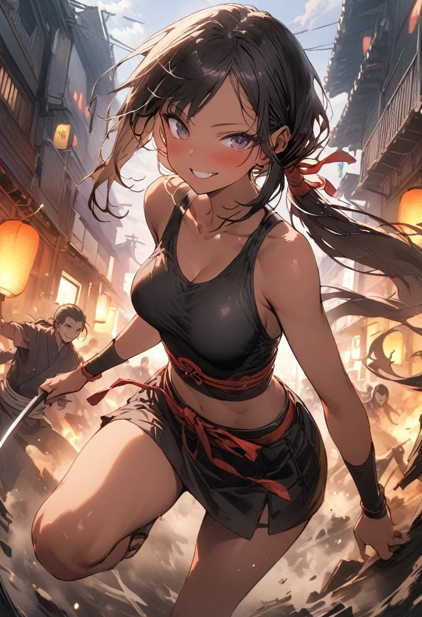 Action Scenes、(A female ninja fighting countless monsters),((masterpiece,Highest quality:1.3,best quality illustration)), 独奏,1woman,(Mature Japan beauties)、black hair,(low ponytail hair style),long hair,blunt bangs,black eyes,gorgeous eyes,((very small head:1.3)),blush,A strong smile,((very long body:1.2)),medium breasts,(tan skin), (gleaming skin,toned body,slender body, skinny),(Black female ninja costume、No sleeve、Black mini skirt),standing、Urban area,Collapsed Buildingoonlit Night、Modern Tokyo、