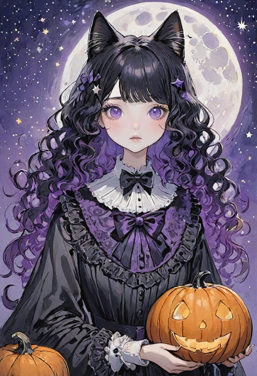 Gothic girl, curly orange, purple, and black hair, black bow, Victorian collar, Halloween decorations, intricate patterns, black cat, ghosts, pumpkins, candy, starry sky, pastel colors, detailed line art, whimsical, fantasy, spooky holiday illustration