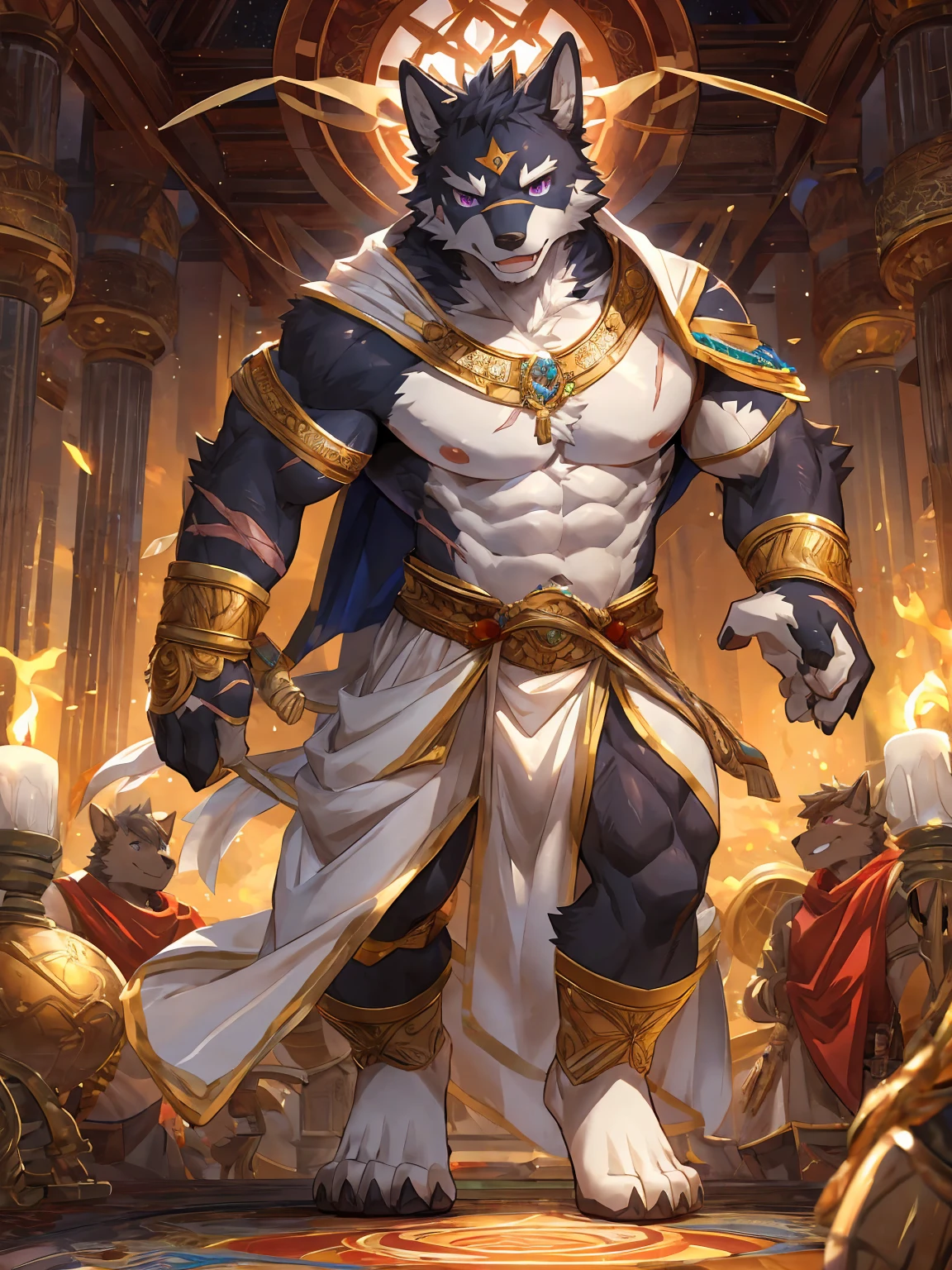 embedding:black wolf, male,purple eyes,Scar on the face, scar on the body,Single person,Toga,Costumes of ancient Greece,White clothes,Gold decoration,White halo overhead,Sacred tattoos,sacred，Expressions and movements full of divinity,Feet to the camera,A fine meat pad,The highest quality of scene detail,adult,Tall and powerful,muscle，Best quality hands, best quality eye，detailed fur，Delicate eyes.Extreme picture quality，by sollyz,by zixiong,by milkytiger1145