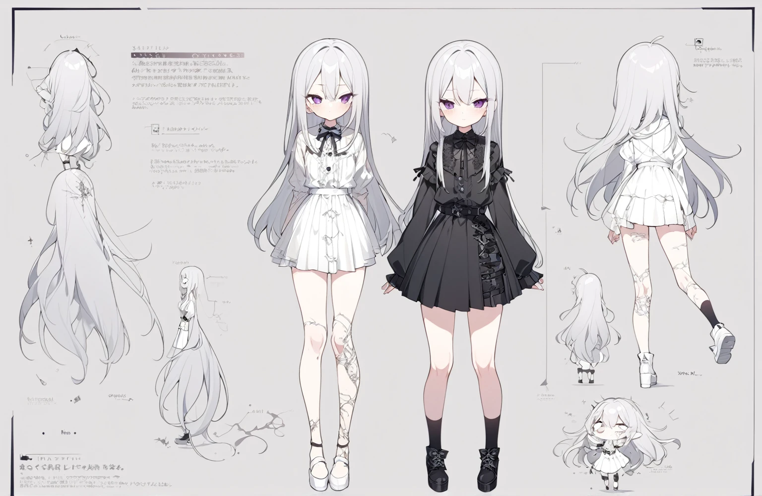 1 girl 150 cm tall. long silver hair, Scrawny, knee length straight hair, Small face, Full body diagram, Gothic clothing style, skirt and blouse