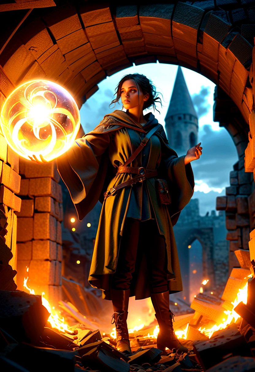 a young wizard floating in ruins, holding a glowing orb, detailed face, beautiful eyes, detailed hair, detailed clothing, cinematic lighting, fantasy, moody atmosphere, dramatic pose, mystical, magic, 4k, hdr, highly detailed, hyper realistic, photorealistic, intricate details, dramatic lighting, moody colors, dark tones, volumetric lighting, cinematic composition