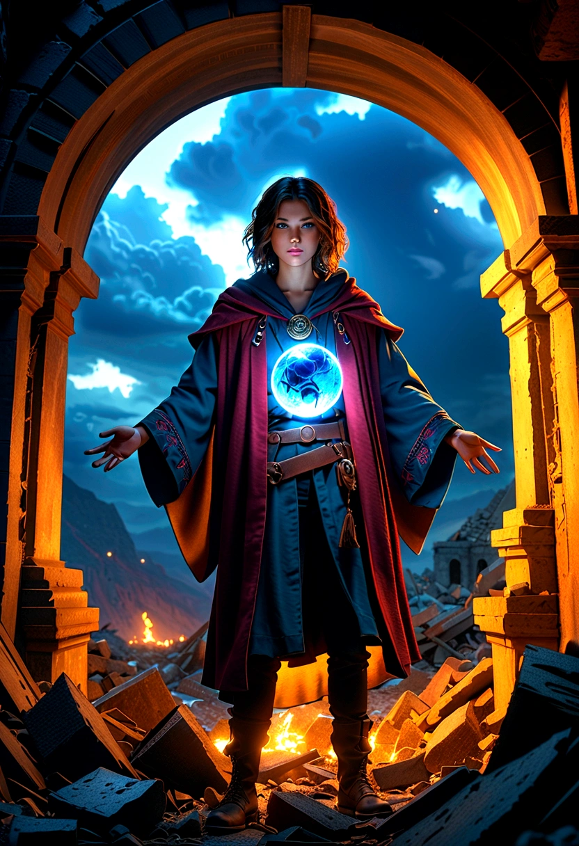 a young wizard floating in ruins, holding a glowing orb, detailed face, beautiful eyes, detailed hair, detailed clothing, cinematic lighting, fantasy, moody atmosphere, dramatic pose, mystical, magic, 4k, hdr, highly detailed, hyper realistic, photorealistic, intricate details, dramatic lighting, moody colors, dark tones, volumetric lighting, cinematic composition