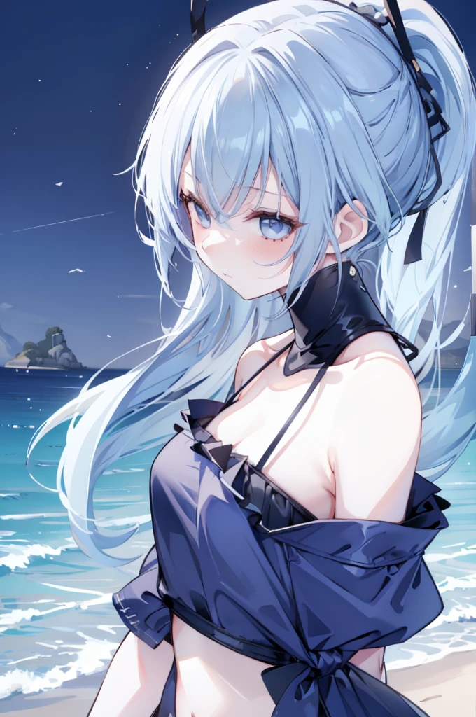 upper body, 1girl, wallpaper, light particles, beach, background, look at viewer, light blue hair, long hair, ponytail, white eyes, serikaswim, ninja mask