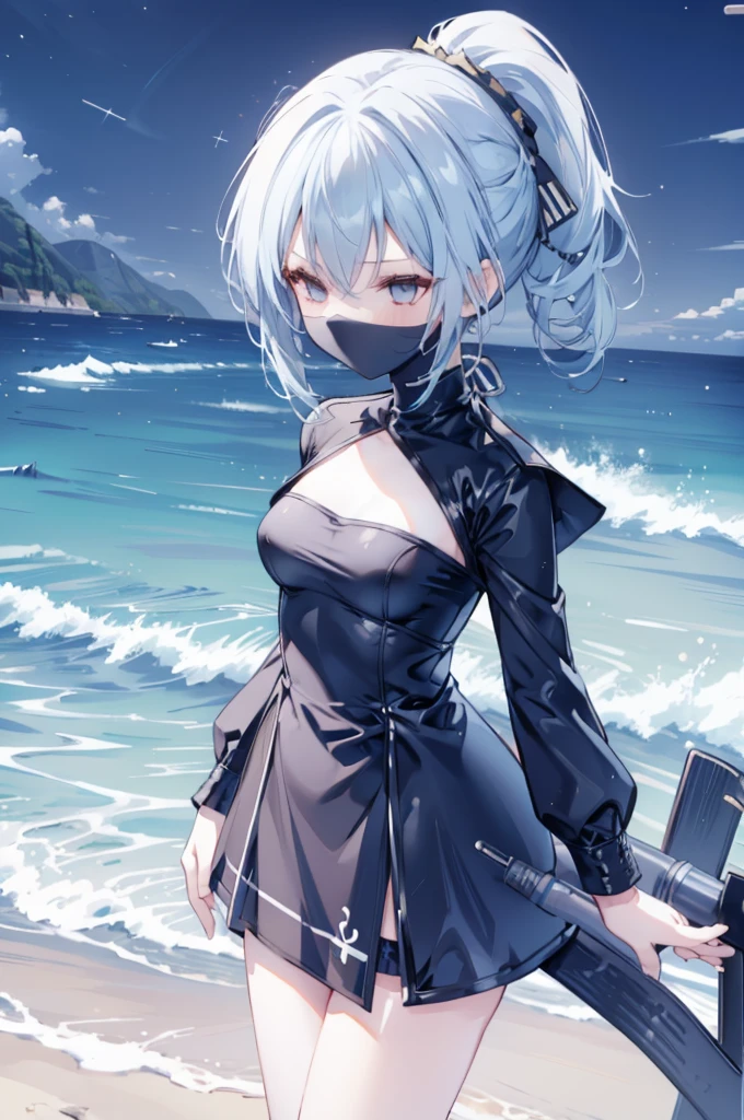 upper body, 1girl, wallpaper, light particles, beach, background, look at viewer, light blue hair, long hair, ponytail, white eyes, serikaswim, ninja mask