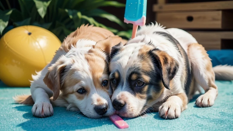 a dog licking popsicle,cute dog,adorable puppy,summer fun,dog with ice cream,colorful popsicle,playful dog,happy dog,cute animal,vibrant colors,(best quality,4k,8k,highres,masterpiece:1.2),ultra-detailed,(realistic,photorealistic,photo-realistic:1.37),sharp focus,physically-based rendering,professional,vivid colors