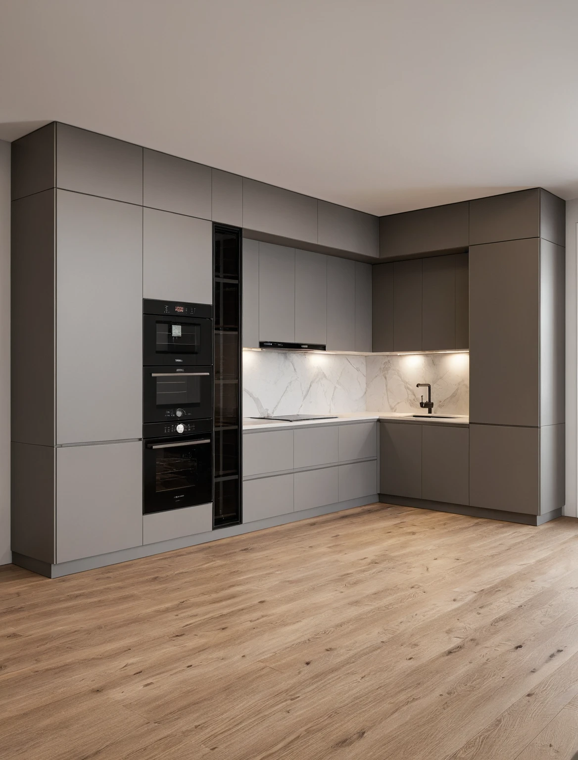 Raw photo,Masterpiece, high quality, best quality, authentic, super detail, interior , sunset, daylight, Kitchen Cabinets style modern, Induction cooker, sink, faucet, oven, built-in microwave, wooden floor, hood, wine cabinet, (beige and grey tones)