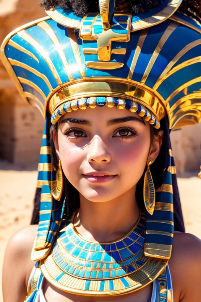 Highest quality, 8K, Very delicate and beautiful, Highly detailed face and skin texture, Shiny skin, High resolution, Very cute 14 year old girl in Egyptian costume standing in the desert, Sharp focus、Ultra detailed nipples