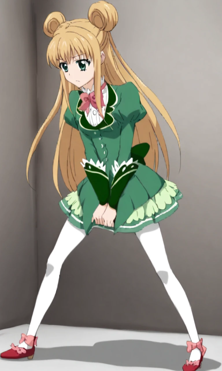 1girl, standing, from before Cecilia, blonde hair, tailbone length hair, no dress, two buns, white pantyhose, red slippers,long legs,hand between legs,spread legs,view on legs