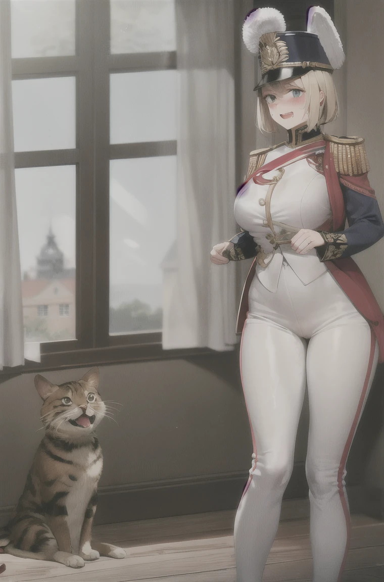 masterpiece, Highest quality, Absurd, High resolution, Very detailed, One Girl,  army_uniform, uniform, Sitting, have, Epaulettes ,army, white_pants, blue_Jacket,shako have,Napoleon, Infantry Regiment,青 coat, 青 and white hackle, 青 and white plume, Blonde Bob Cut, 青 eyes, Conceit, Apply blush all over the face, Large Breasts, slightly larger hips, Tight waist, In the room,Pussy,Seduce,pussy,Wet pussy、show、Love juice,Vaginal hole ,Big Breasts,Excited