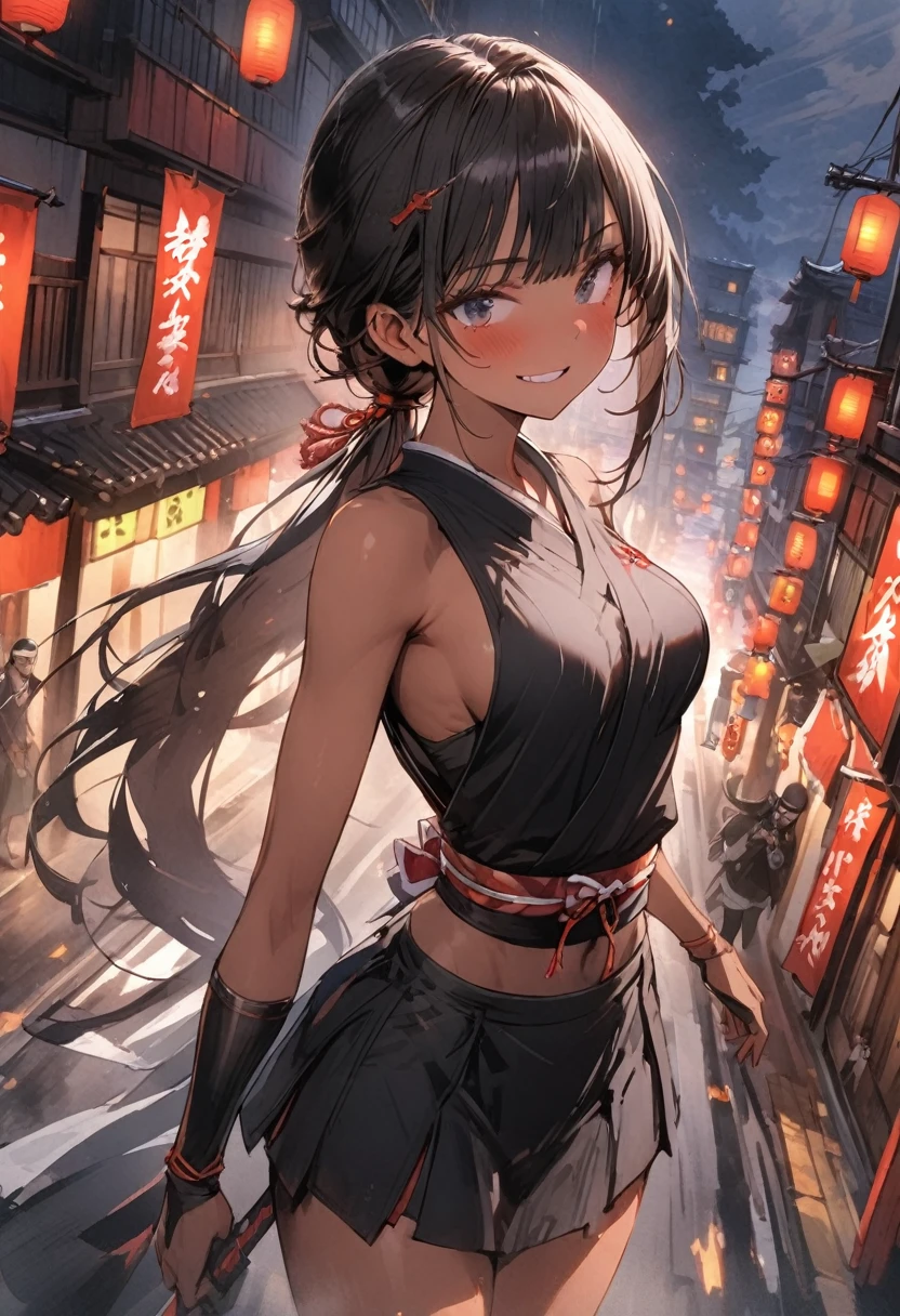 Action Scenes、(A woman fighting countless monsters),((masterpiece,Highest quality:1.3,best quality illustration)), 独奏,1woman,(Mature Japan beauties)、black hair,(low ponytail hair style),long hair,blunt bangs,black eyes,gorgeous eyes,((very small head:1.3)),blush,Triumphant,((very long body:1.2)),medium breasts,(tan skin), (gleaming skin,toned body,slender body, skinny、Sweat),(Female Ninja Costume、A simple, patternless black kimono、Black ide slits),standing,rooftop of high-rise building、Moonlit Night、Tokyo、
