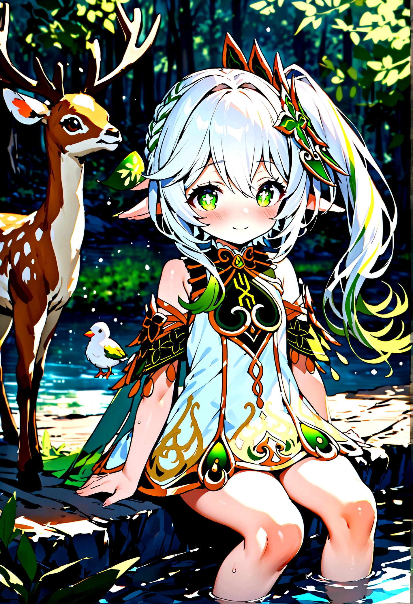 NSFW,masterpiece,Highest quality,High resolution,Super detailed,Nahida \(genshin impact\)、Green Eyes、dress、白いdress、Pointed Ears、Cruciform pupil、Symbol-shaped pupil、+ +、Side Ponytail、Long Hair、White Hair、Multicolored Hair、hair ornaments,blush,Expecting face,smile,in the forest,lake,Sitting,birdie,deer