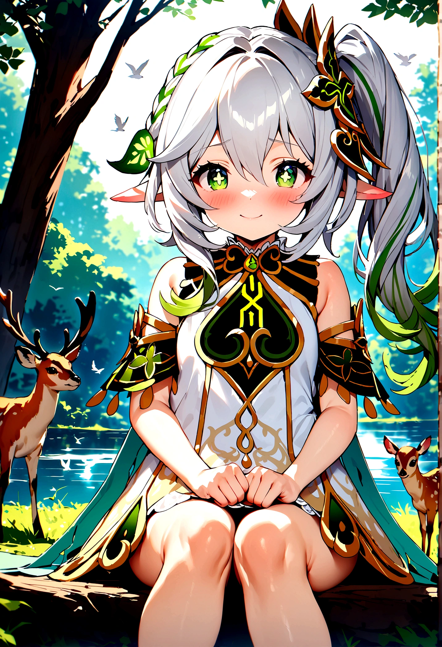 NSFW,masterpiece,Highest quality,High resolution,Super detailed,Nahida \(genshin impact\)、Green Eyes、dress、白いdress、Pointed Ears、Cruciform pupil、Symbol-shaped pupil、+ +、Side Ponytail、Long Hair、White Hair、Multicolored Hair、hair ornaments,blush,Expecting face,smile,in the forest,lake,Sitting,birdie,deer
