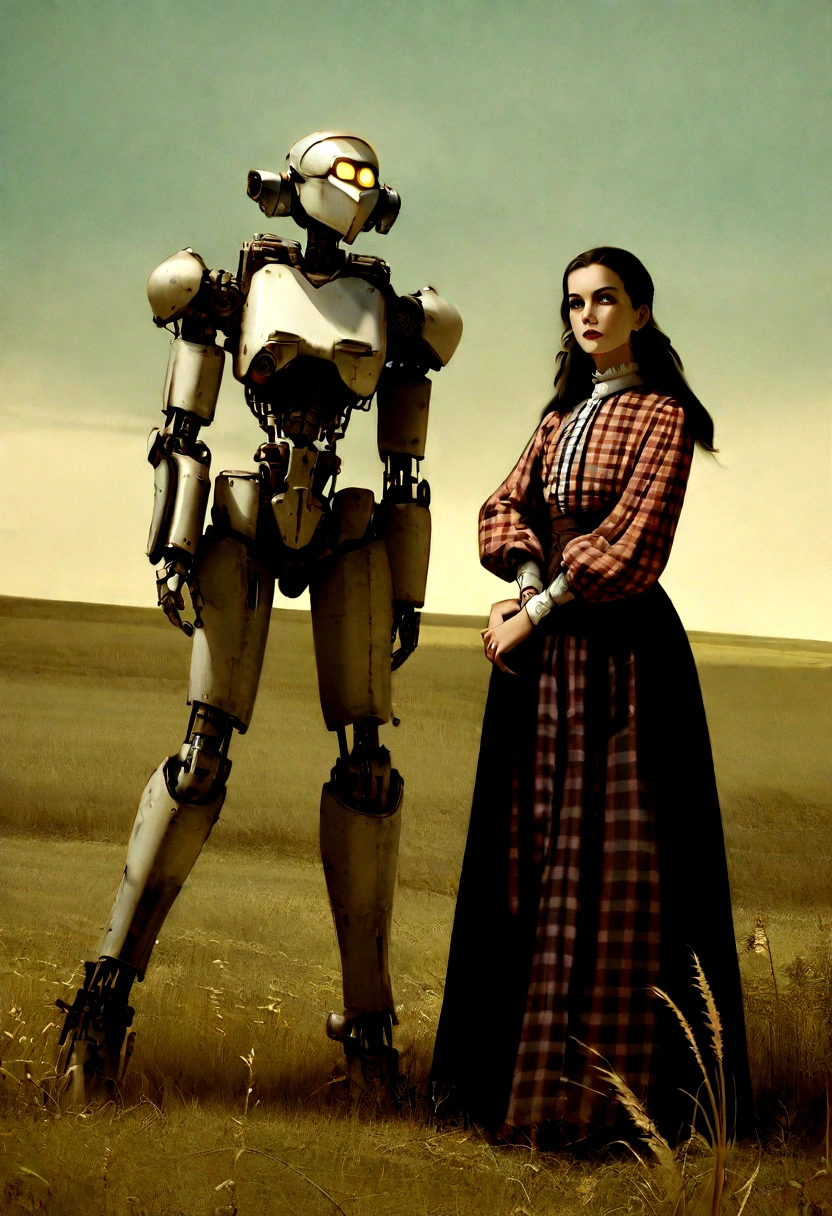 there is a woman standing next to a robot in a field, vogue italia, tartan garment, classical animation, scott robertson, two models in the frame, victorian photograph, two women, cyborg warrior