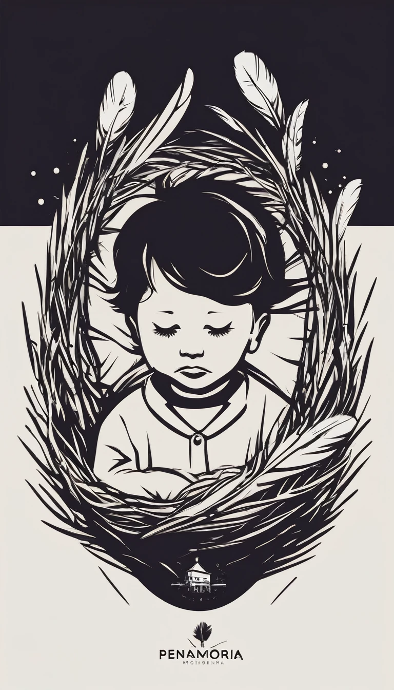 A minimal, modern, simple, cinematic logo design for the brand “Penamemoria". Create a modern, minimalistic, high-quality, logo of a boy inside a nest made of feathers. The logo must be a symbol for dreams, stories, memories, music and imagination.