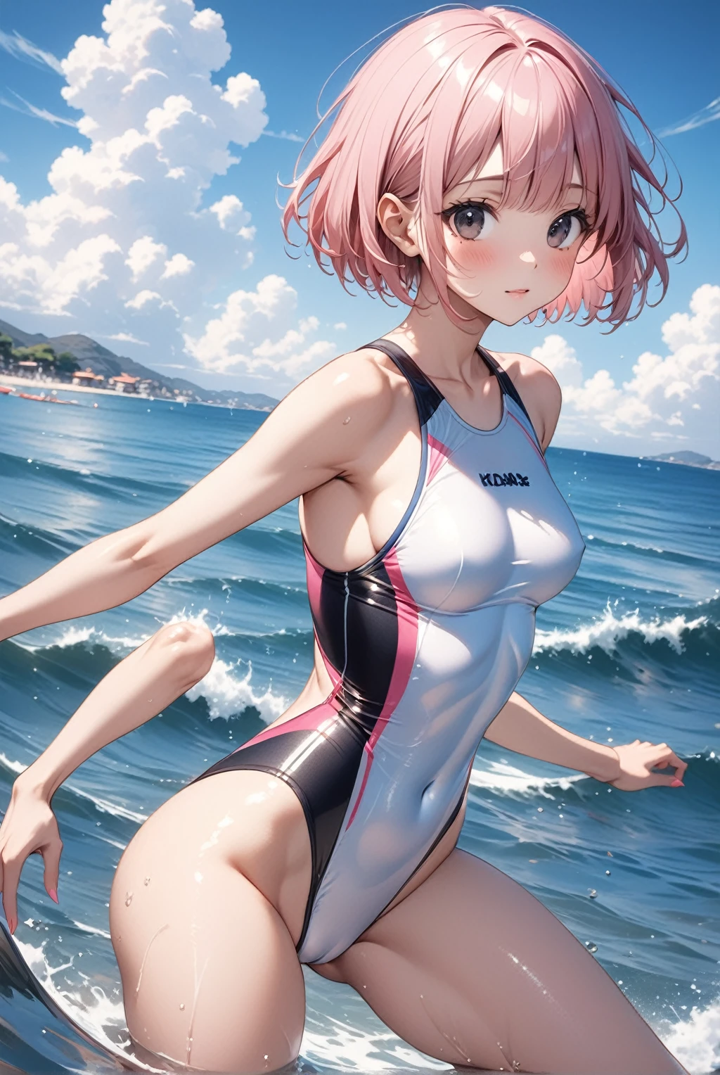 (competition swimsuit), ((Kyoto Animation Style)), (solo), (Six-body woman), (1 cute girl), sexy, 25 years old, (masterpiece:1.2), (best quality:1.2), (very aesthetic:1.2), (absurdres:1.2), (detailed background),newest,ai-generated, (((Pink hair, short hair, bob cut, black eyes, small eyes))), (visible nipples:0.7), (camel toe:0.3), Cute face, medium_breasts, ((Thin thighs)), dynamic poses, Metallic Outfit,The Mediterranean Sea, floating on the sea,