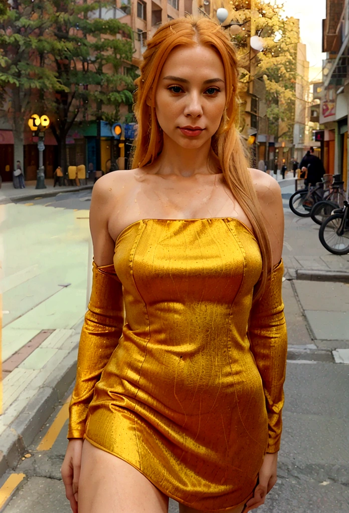 beautiful young mature woman with long orange yellow hair taking realistic selfie on the street, high quality background