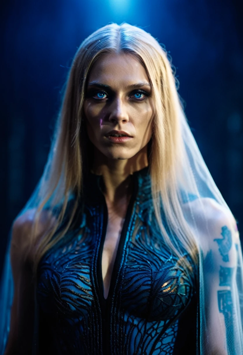 Fashionable of androgynous alien looking witch wearing veil, glowing eyes, beautiful evil slavic muscular woman, pale skin, long dark blond hair, futuristic design, minimal details, givenchy, photoreal, 200mm, hd, f/ 2.0, highly detailed, surreal , drop dead, in the style of red and blue, (intricate details, hyperdetailed:1.15) (skin texture:1.2), cinematic, professional, 4k, dynamic model pose, sitting, full body