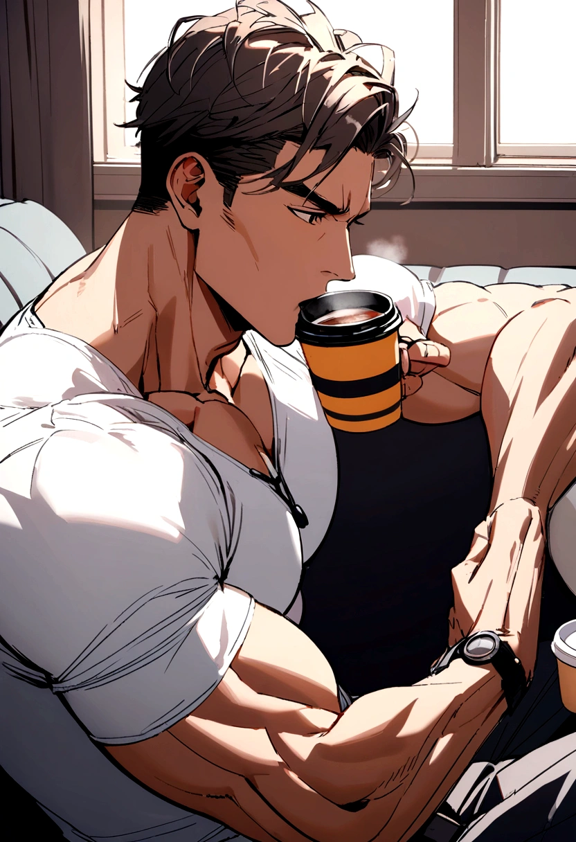 Muscular man sitting and drinking coffee