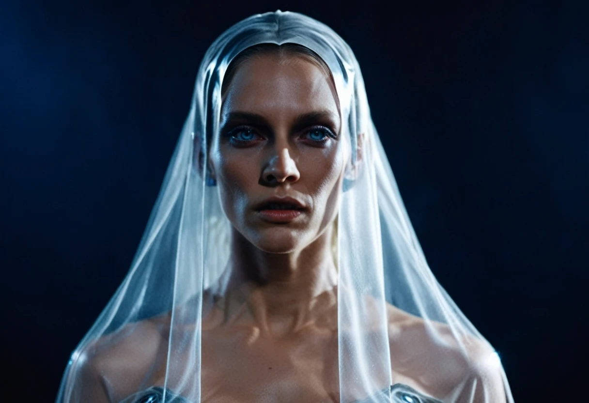 Fashionable of androgynous alien looking witch wearing veil, glowing eyes, beautiful evil slavic muscular woman, pale skin, long dark blond hair, futuristic design, minimal details, givenchy, photoreal, 200mm, hd, f/ 2.0, highly detailed, surreal , drop dead, in the style of red and blue, (intricate details, hyperdetailed:1.15) (skin texture:1.2), cinematic, professional, 4k, dynamic model pose, sitting, full body