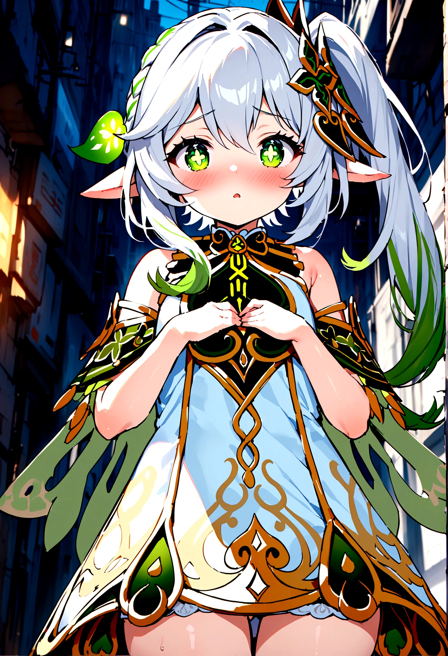 NSFW,masterpiece,Highest quality,High resolution,Super detailed,Nahida \(genshin impact\)、Green Eyes、High-quality white tight dress、Pointed Ears、Cruciform pupil、Symbol-shaped pupil、+ +、Side Ponytail、Long Hair、White Hair、Multicolored Hair、hair ornaments,Expose,blush,Expecting face,Night in the city,Alley