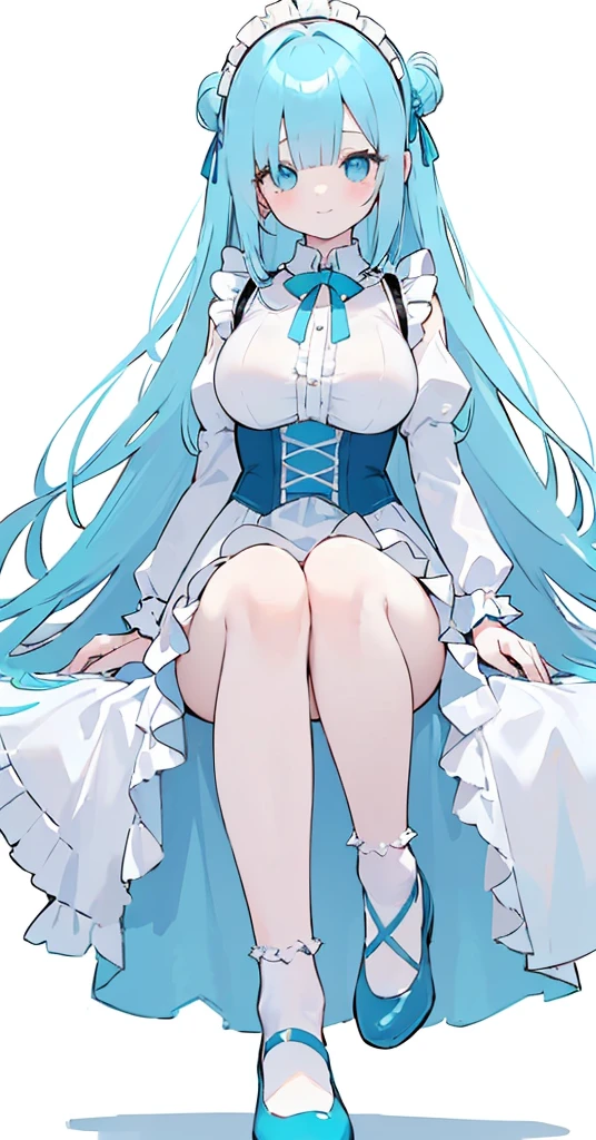 (long beautiful blue hair) cyan eyes, (Eyes behind long bangs) , using accessories (using socks) perfect shiny beautiful cyan shoes (Wearing luxurious palace maid clothes Perfect perfect noble) Pose facing sideways (Girl1, straight hair not too long, bangs covering one eye, soft face, gentle smile) long hair, beautiful cyan eyes (Free pose, right hand down, left hand down, ((Free pose))smile kawai, (blank white background) Wearing a blue corset, (Using a beautiful bright blue ribbon) Kawai shy cute eyes (cyan colored shoes must be shiny, Must wear short white socks)