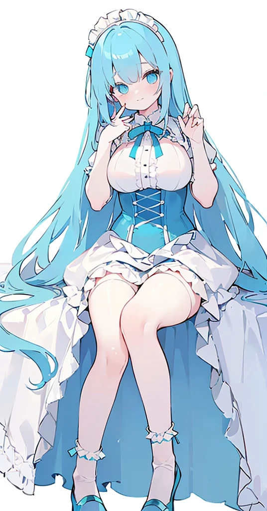 (long beautiful blue hair) cyan eyes, (Eyes behind long bangs) big breasts, using accessories (using socks) perfect shiny beautiful cyan shoes (Wearing luxurious palace maid clothes Perfect perfect noble) Pose facing sideways (Girl1, straight hair not too long, bangs covering one eye, soft face, gentle smile) long hair, beautiful cyan eyes (Free pose, right hand down, left hand down, ((Free pose))smile kawai, (blank white background) Wearing a blue corset, (Using a beautiful bright blue ribbon) Kawai shy cute eyes (cyan colored shoes must be shiny, Must wear short white socks)