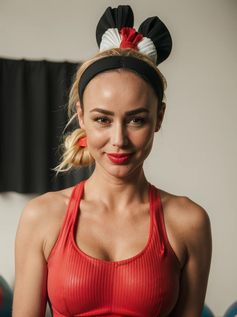 1 girl, (((Gretchen Barretto))), photorealistic photo of Gretchen Barretto, photo of a Swedish woman, (((full lips and wide forehead))), middle age, (((Blonde long messy bun))), (((50-year-old woman))), body of 45-year-old woman, (((wrinkles on her face and body))), (((full body shot))), (((In the serene atmosphere of a yoga center, she stands poised and seductive, before far from her is a yoga ball))), (((dynamic pose))), (((outfit: color red Nike stylish ribbed gym romper, color black Nike head band))), she is looking at the camera smiling