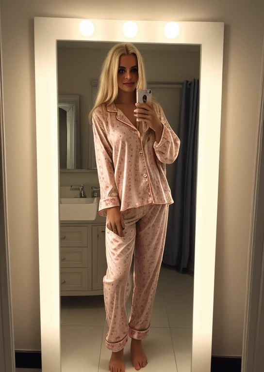 a photo of a pretty young woman, taken with iphone camera mirror selfie in the bathroom, wearing pijama, blonde hair bohoto in dark colors taken in night, make this photo sexy