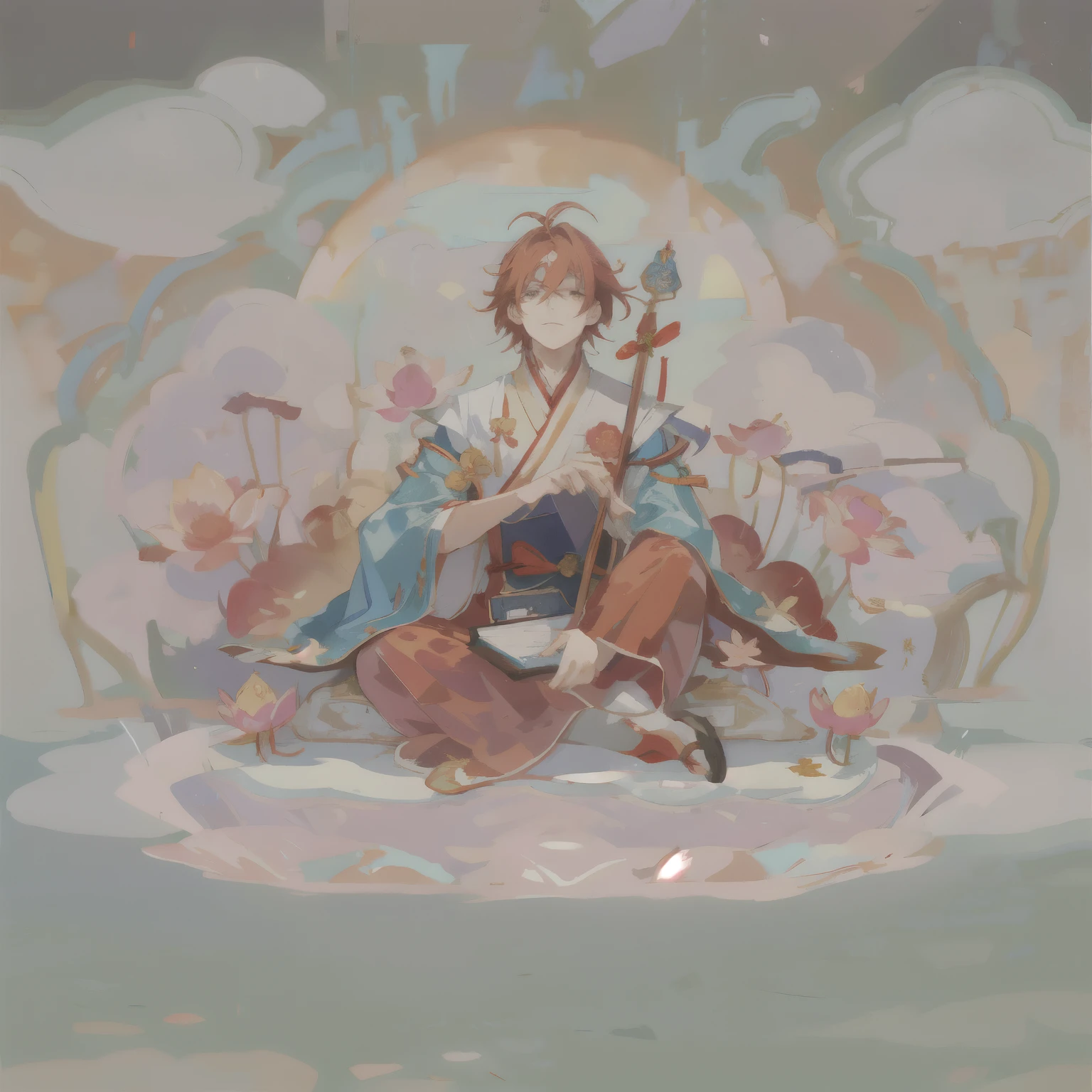 A young anime man with short brown hair, wearing a red Nyingma monk robe, holding a staff in his left hand and a book in his right, sitting on a lotus flower, with a clear sky, 9 colored halos, and golden clouds in the background, with a compassionate and serene expression