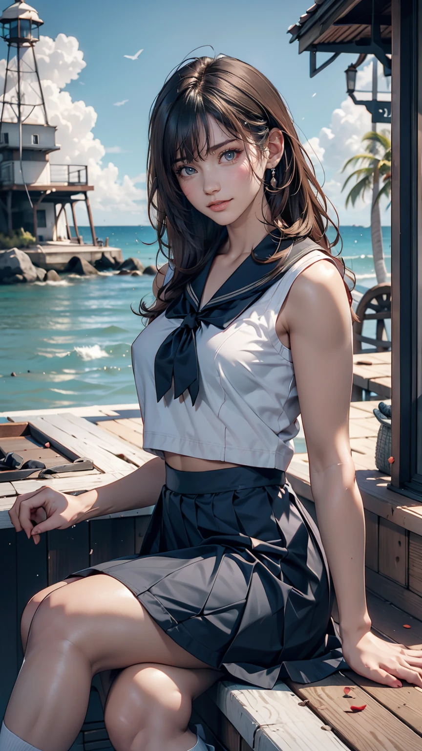 ((最high quality, 8K, masterpiece: 1.3, Ultra HD, high quality, 最high quality, High resolution, realism)) 、Very beautiful 18 year old Japanese schoolgirl、I'm wearing a sailor suit、Wearing a navy blue pleated skirt、Wear loafers、Hair is light brown、black eye、Medium Hair、Straight hair、smile、sit on a high breakwater on the beach、The blue sky is beautiful、There is a road in front of the breakwater.、The sea is beautiful、Beautiful Horizon、 island can be seen offshore、Entering clouds on the horizon、Lighthouse on the island