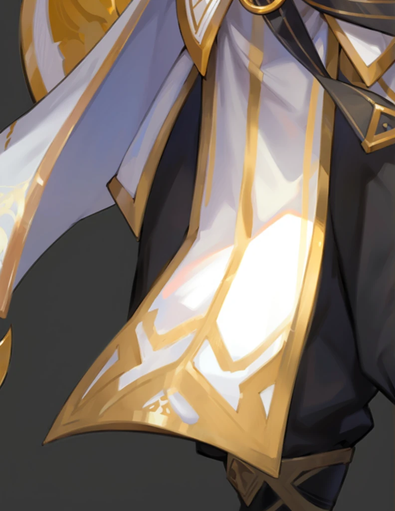 boy、Long white hair、Full details，White clothes，Metal decoration，Gold luster，belt