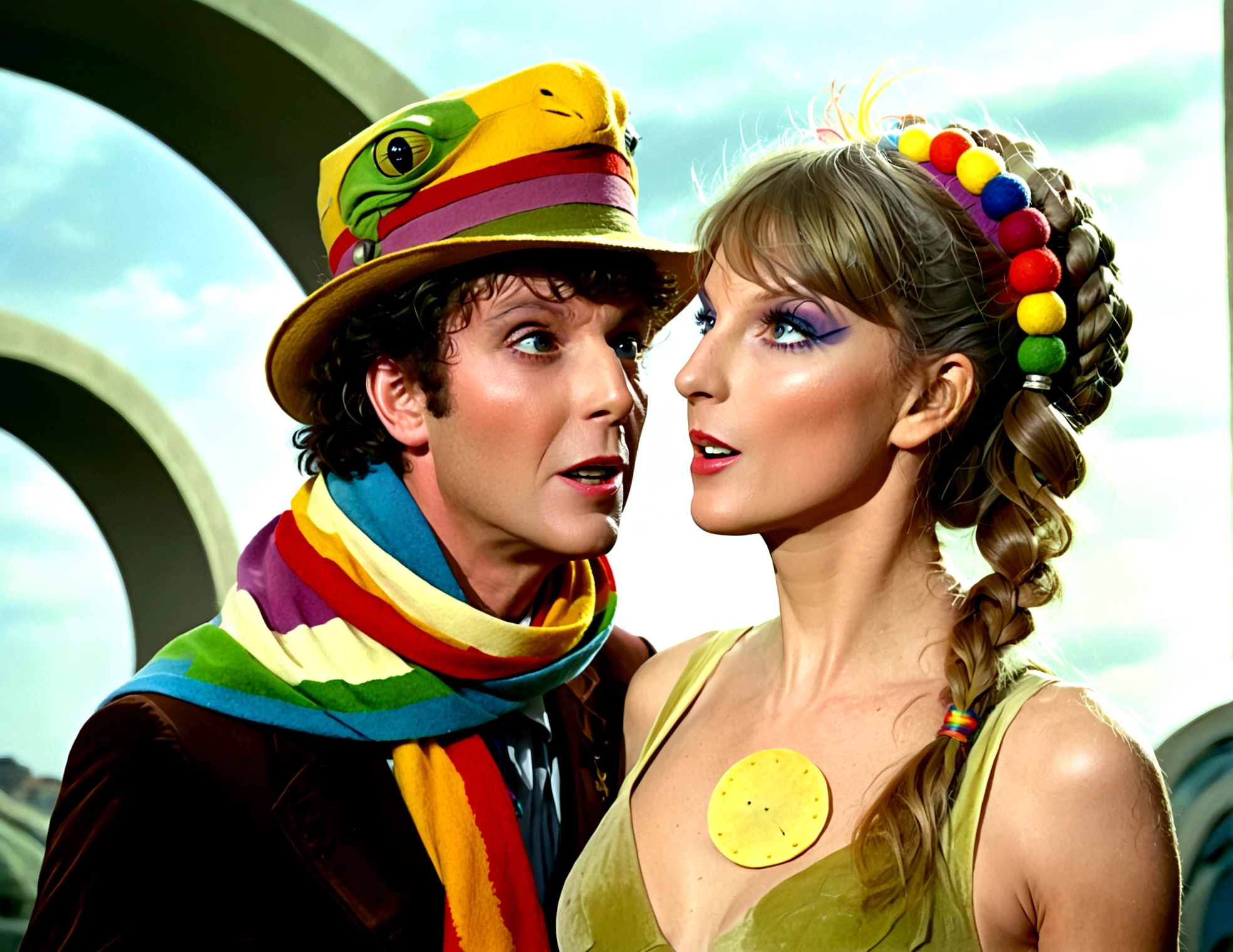 Tom Baker Doctor Who 1980 (classic rainbow scarf and felt hat), is getting his cock sucked by an alien (swift woman, campy body makeup alien, hair braid with alien springy attachment, nude) she really wants anal sex
