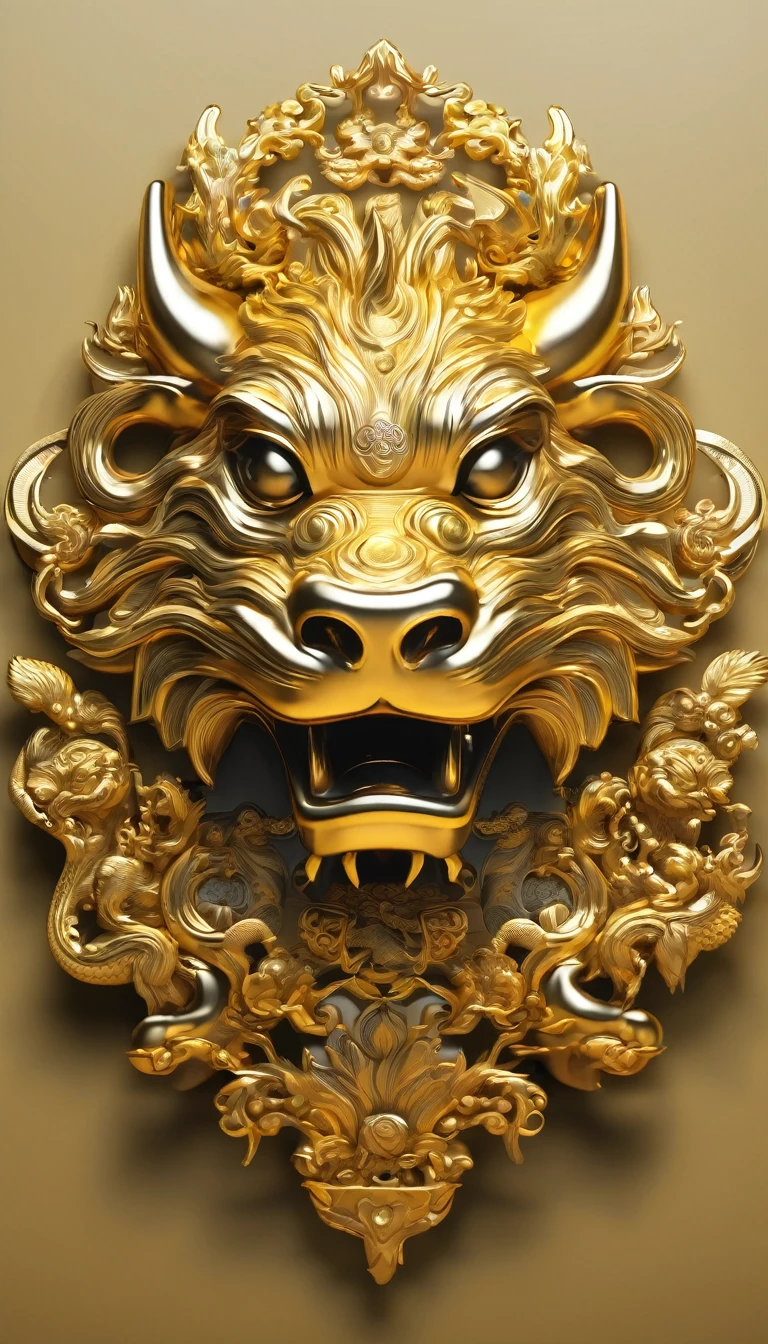 Faucet ,Chinese zodiac,Traditional Chinese mythical beasts,Monsters in Shanhaijing,3d texture,Gold,Super Fine,Clear structure,complex,There is logic,Super Fine,Ultra HD,Hyperrealism,