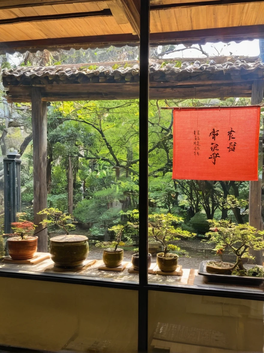 Close-up of the display window from outside, 现代而优雅的Wabi-sabi格. Very bright, peaceful, Don&#39;t have too much detail or color, a personalized presentation of modern Japanese Zen style. View of the dilapidated window from the outside. White textured paper lantern. Zen-like dead branches in the corner. There are dead branches on the long wooden bench.Tea Set.Make tea.Japanese elegant and simple small white ceramic Tea Set.Zen elements.Elegant and high-end effect，Make it look textured.Simple design.Ultra HD, Extremely detailed.Japanese Zen style（Super quality，Super detailed，Super complex，Extremely complex）Soft and natural light and shadow.Burning Incense.no-humans.Ultra wide angle, (Detailed texture),Background covered with film grain, Natural soft lighting,(Night view.Cold Light)Wabi-sabi.Small plant design