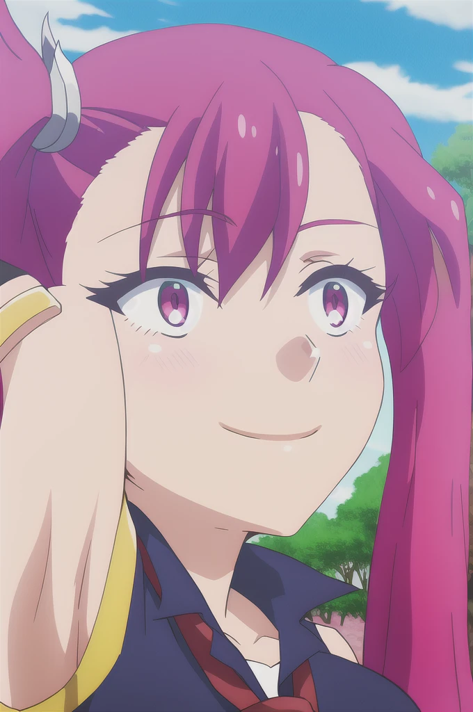 sera, 1girl, solo, long_hair, breasts, smile, shirt, red_eyes, twintails, closed_mouth, upper_body, pink_hair, red_hair, outdoors, necktie, sleeveless, pink_eyes, armpits, arms_up, tree, looking_to_the_side, sleeveless_shirt, red_necktie, arms_behind_head, armlet